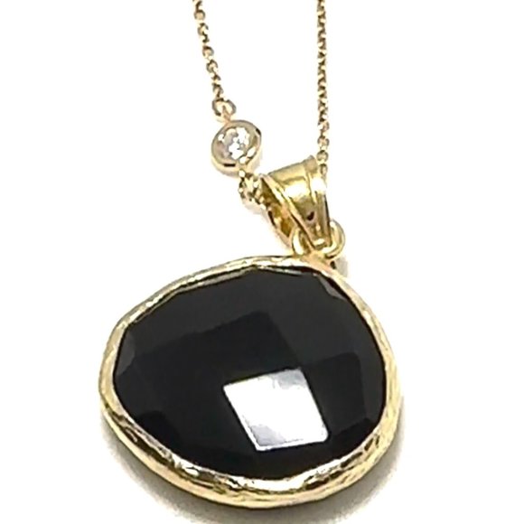 2PCS-BLACK QUARTZ PENDANT ON A GOLD  (.925 BASE) VERMEIL ,1/8" CZ NOTHING NECKLA - Picture 1 of 3